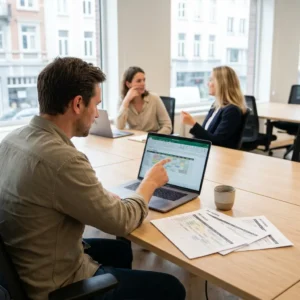Man wijst op een laptop naar een kleurrijk werkrooster in een spreadsheet, met afgedrukte roosters op tafel, terwijl twee collega's op de achtergrond in gesprek zijn.