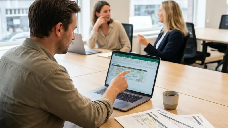 Man wijst op een laptop naar een kleurrijk werkrooster in een spreadsheet, met afgedrukte roosters op tafel, terwijl twee collega's op de achtergrond in gesprek zijn.