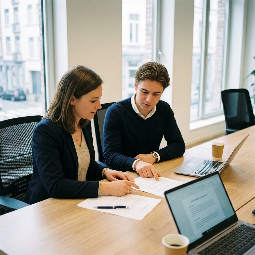 Un responsable des ressources humaines et un étudiant salarié examinent ensemble un contrat de travail, assis à un bureau dans un espace de travail belge moderne, entourés de documents, d'un ordinateur portable et baignés de lumière naturelle.